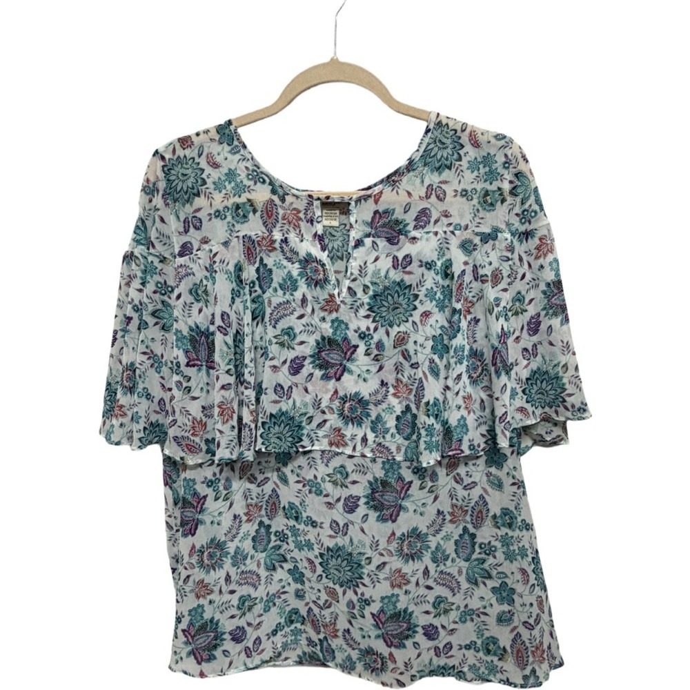 Vintage America Blues Floral Peasant Blouse Women Large Boho Flutter Sleeve Top